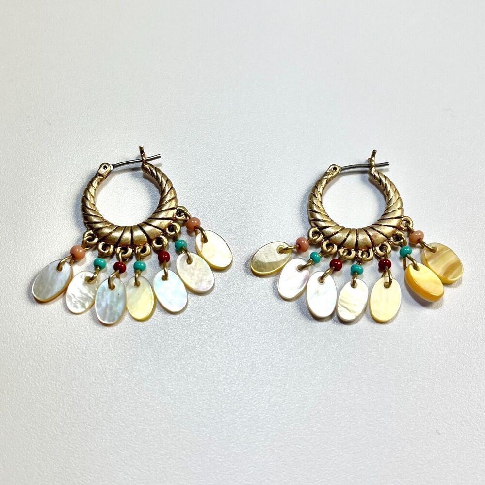 Gold Tone Abalone Mother of Pearl Shell Dangle Hinged Back Small Hoop Earrings